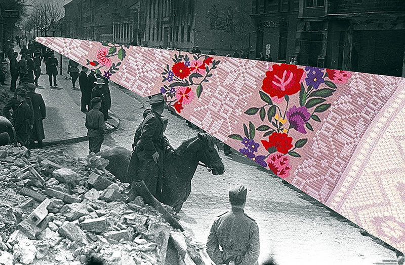 In this part of the project I took pictures of Soviet documentary photographers - conditioned winners in World War II, carved out of them completely abstract geometric shapes and replaced the pieces of real works of folk art - home homespun "dyvany” and "rushnіki” created after the war. 